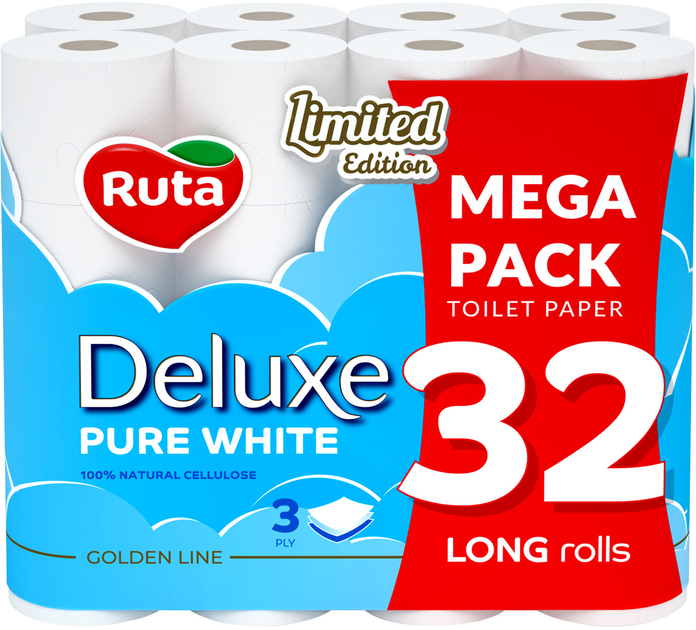 Папір туалетний Pure White Deluxe 32 рулони, 3 шари, білий Ruta (58770311)