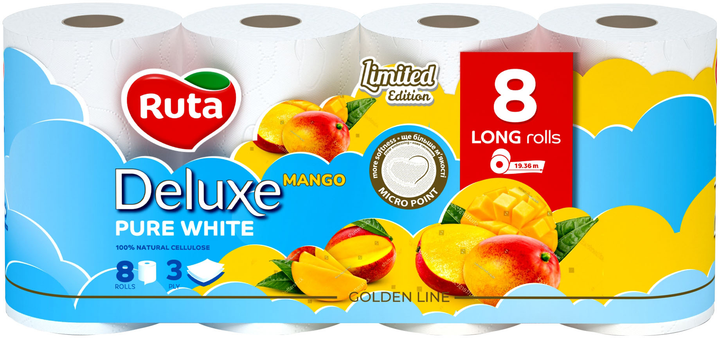Папір туалетний Pure White Deluxe 8 рулони, 3 шари, білий манго Ruta (58770473)