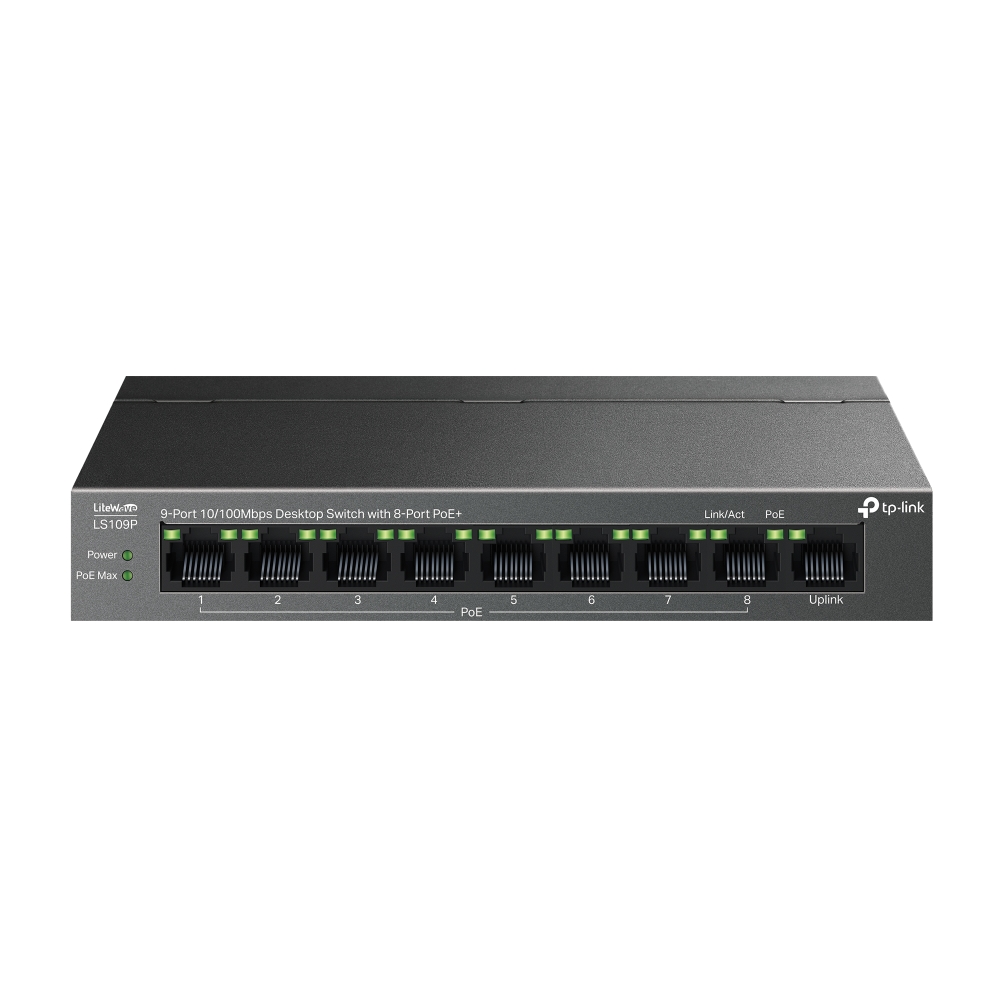 Комутатор 9-портовий настільний 10/100 Мбіт/с з 8  портами PoE+ TP-Link, LS109P  LS109P