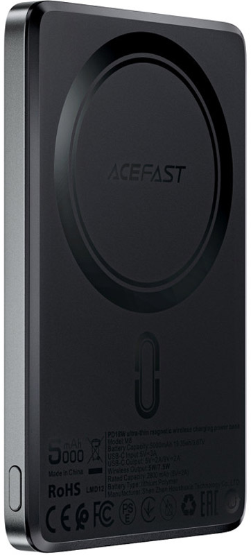 УМБ Acefast Magnetic Wireless 5000mAh 18W PD,QC 3.0, QI 7.5 Вт, ультра тонкий, M8 Black