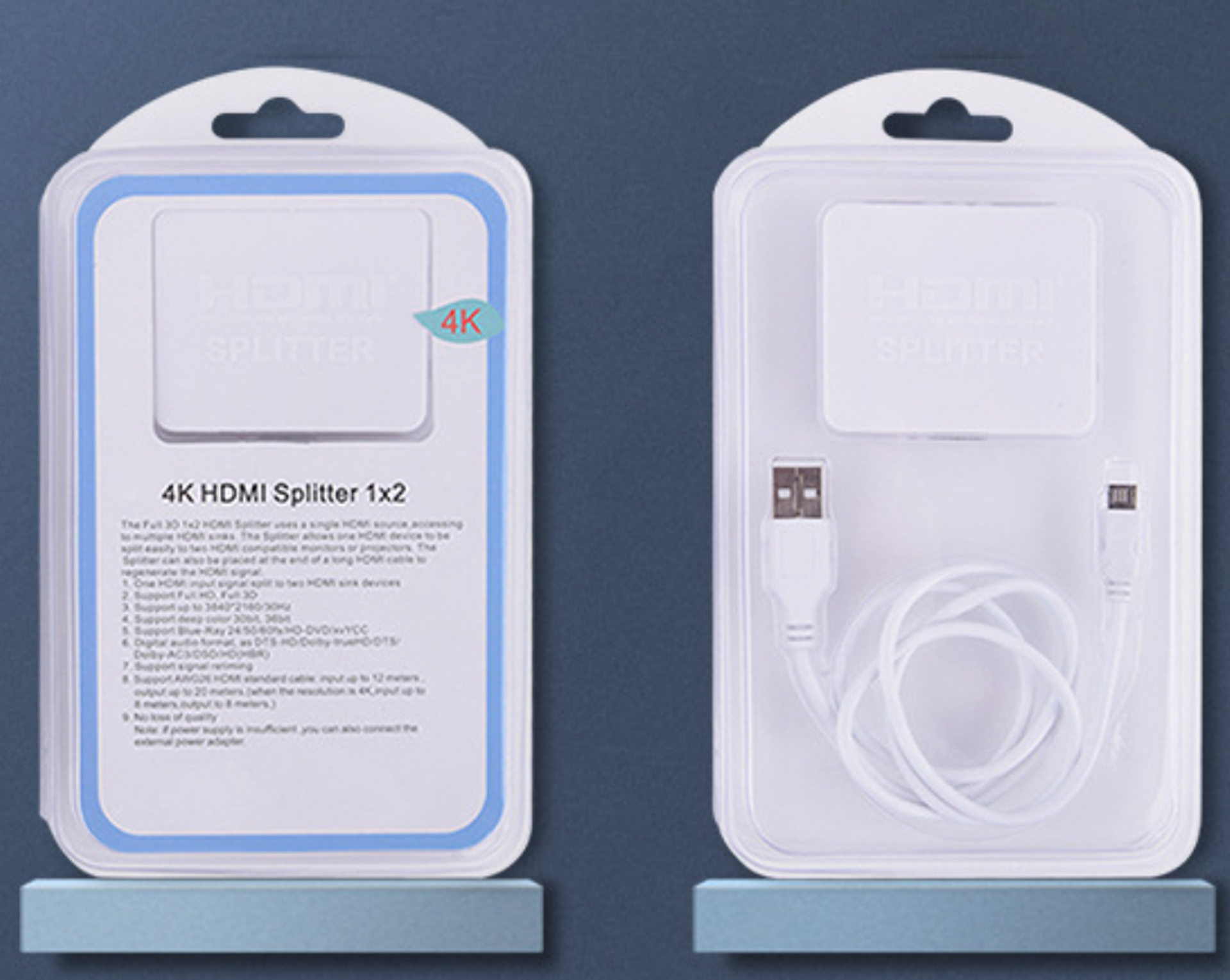 Відеорозгалужувач 2xHDMI, Splitter HDMI на 2 монітори, активний, v1.4a, 3D, 4K, білий