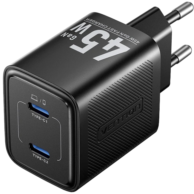 Зарядний пристрій 2xUSB-С 45W GaN чорний Vention