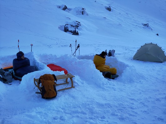 Overnight under the night sky — with ice hole drilling and ice bathing