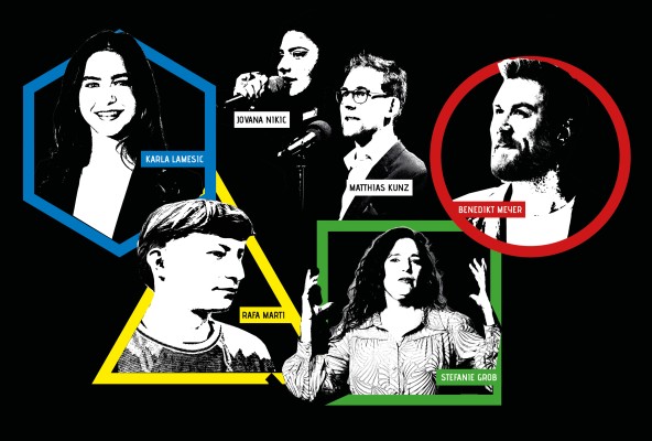 Slam-OLYMP with Stefanie Grob, Karla Lamesic, Rafa Marti, and Benedikt Meyer. Moderation by Jovana Nikic & Matthias Kunz.