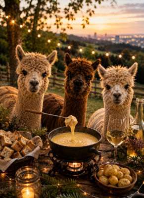 Fondue umgeben von Alpakas