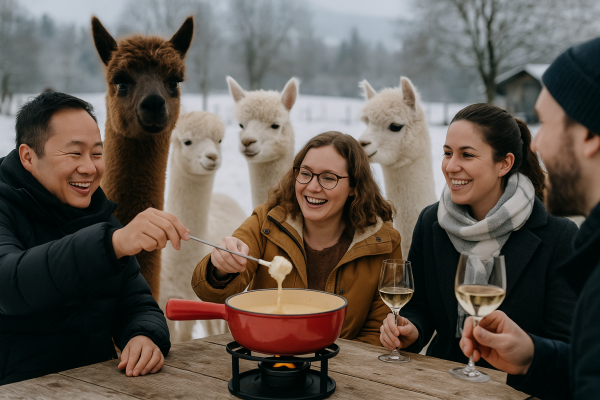 Fondue surrounded by alpacas