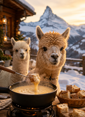 Fondue surrounded by alpacas