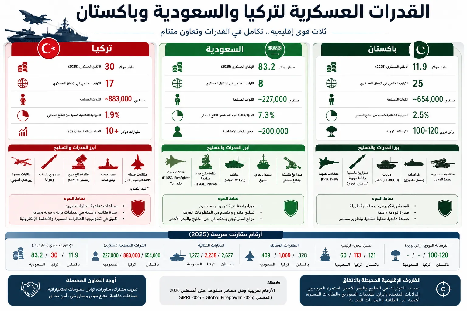 من المسيّرات إلى السلاح النووي.. تركيا والسعودية وباكستان بالأرقام
