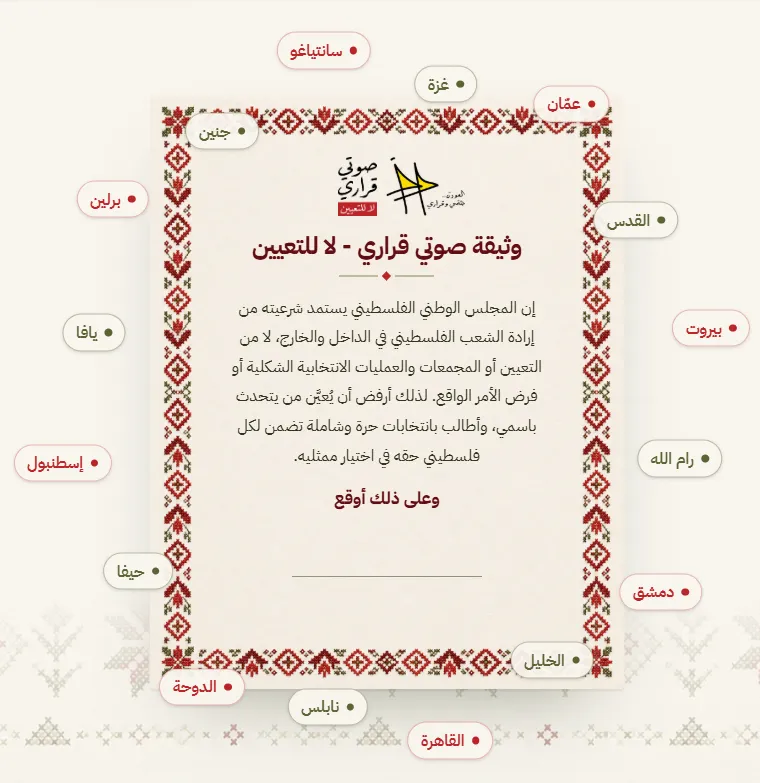مركز العودة الفلسطيني يطلق حملة «صوتي قراري – لا للتعيين»