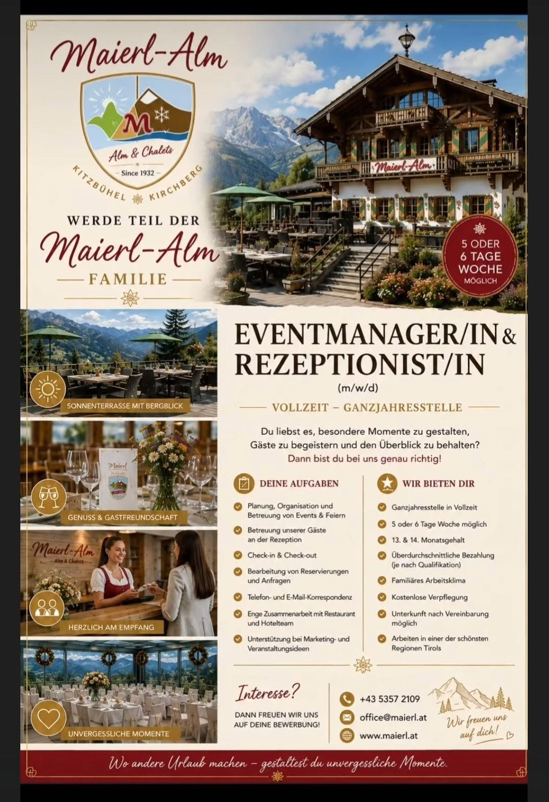 Eventmanager/in & Rezeptionist/in (m/w/d) — Kirchberg in Tirol, Tirol