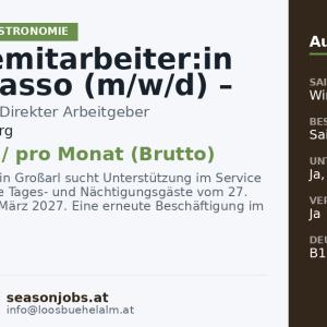 Servicemitarbeiter:in mit Inkasso (m/w/d) – Wintersaison — Großarl, Salzburg