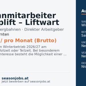 Seilbahnmitarbeiter Schlepplift – Liftwart Winterbetrieb (m/w/d) — Arnoldstein, Kärnten
