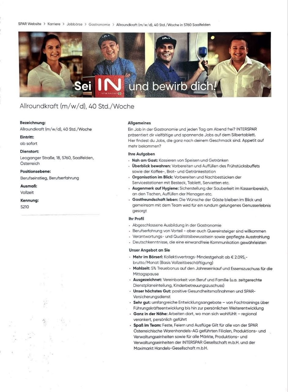 Allroundkraft (m/w/d), 40 Std./Woche — Saalfelden, Salzburg