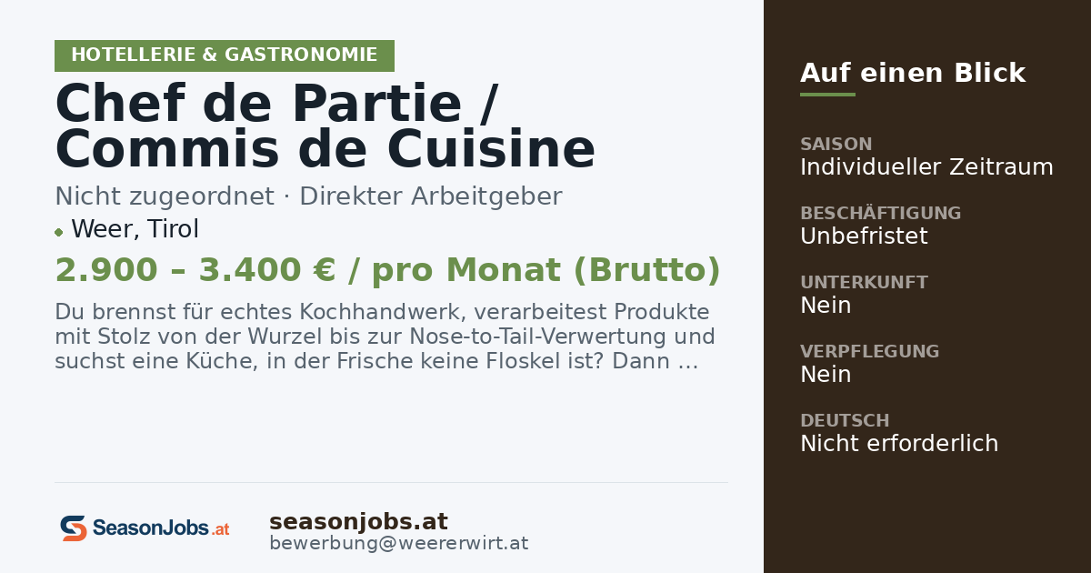 Chef de Partie / Commis de Cuisine (m/w/d) – Vollzeit (40h) — Weer, Tirol