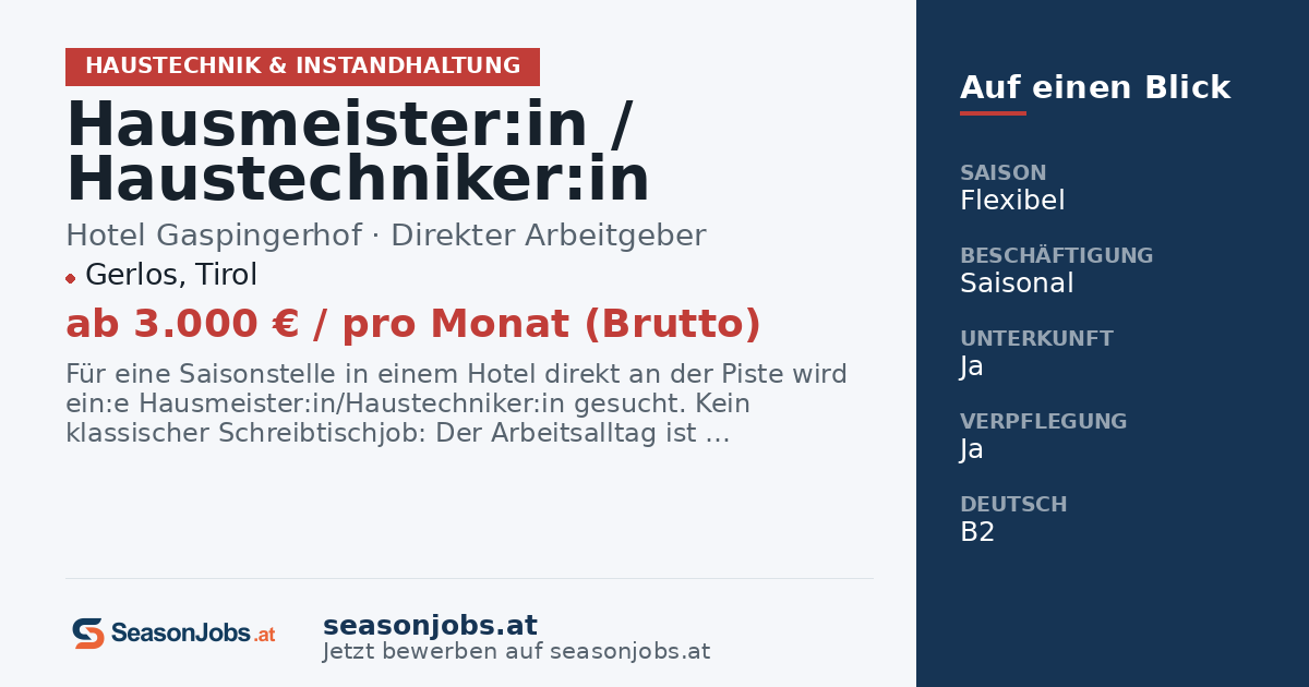Hausmeister:in / Haustechniker:in — Gerlos, Tirol