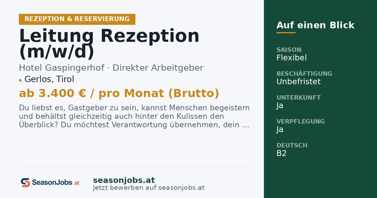 Leitung Rezeption (m/w/d) — Gerlos, Tirol