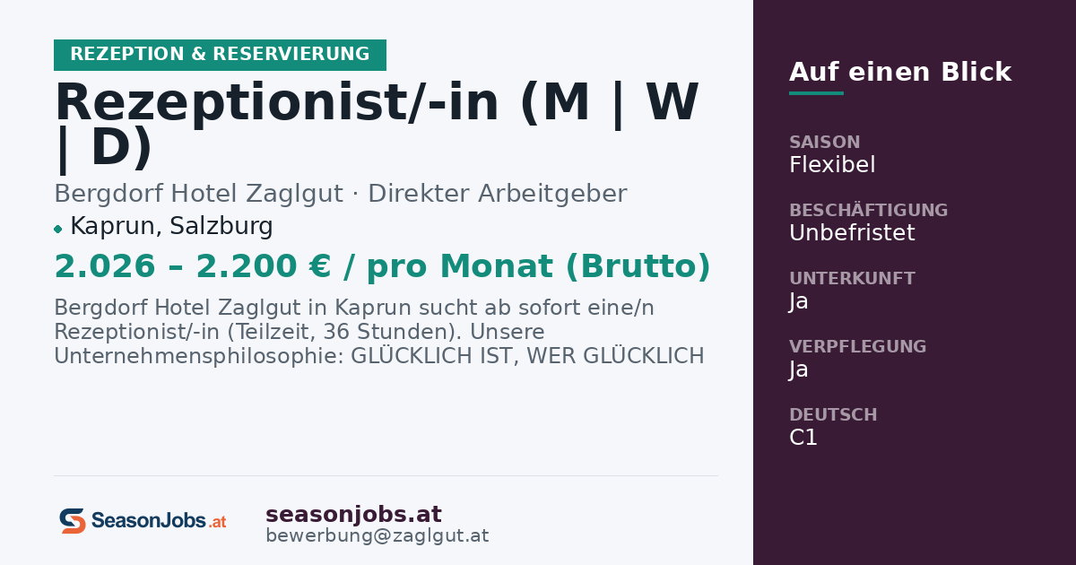 Rezeptionist/-in (M | W | D) — Kaprun, Salzburg