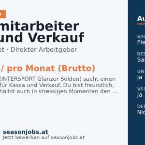 Saisonmitarbeiter Kassa und Verkauf — Sölden, Tirol