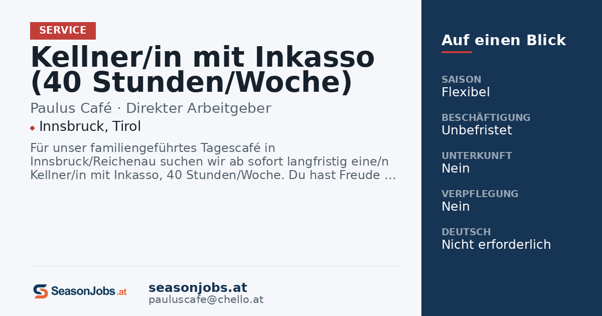 Kellner/in mit Inkasso (40 Stunden/Woche) — Innsbruck, Tirol