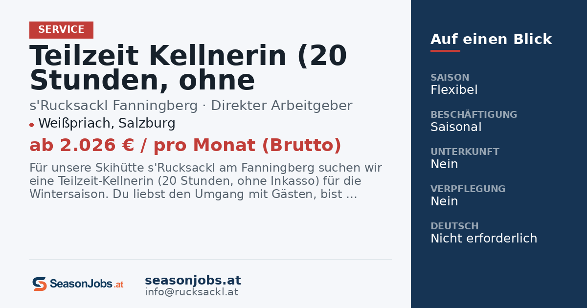 Teilzeit Kellnerin (20 Stunden, ohne Inkasso) — Weißpriach, Salzburg