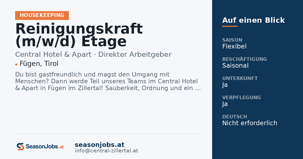 Reinigungskraft (m/w/d) Etage — Fügen, Tirol