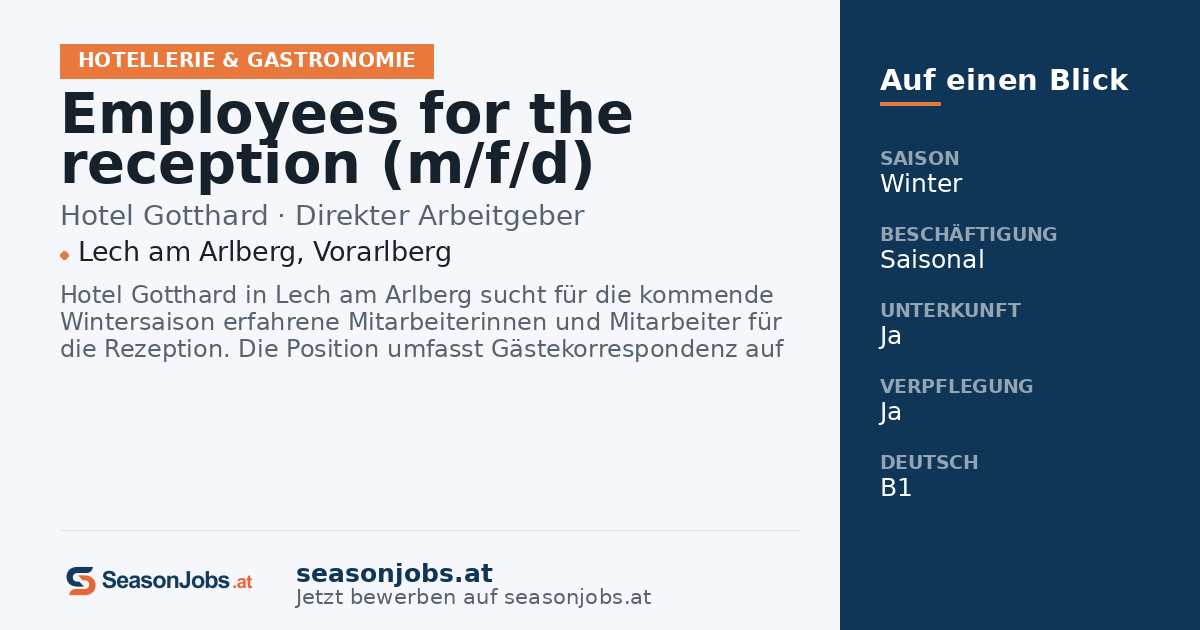 Employees for the reception (m/f/d) — Lech am Arlberg, Vorarlberg