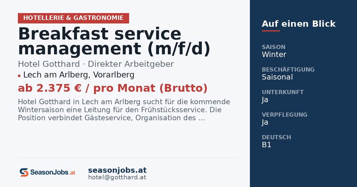 Breakfast service management (m/f/d) — Lech am Arlberg, Vorarlberg