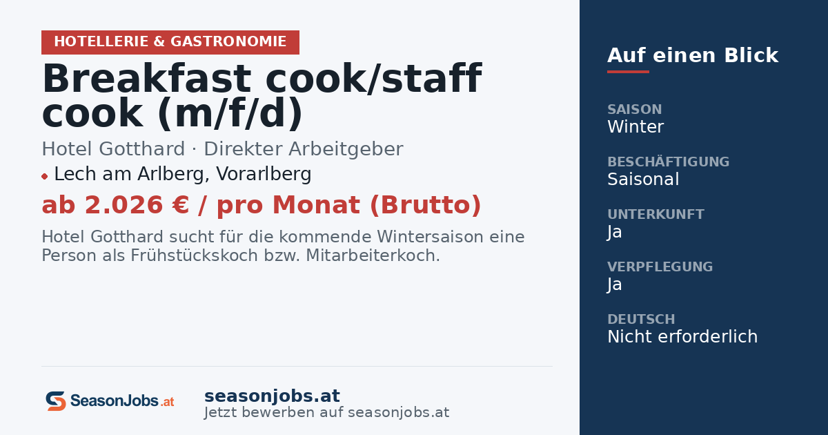 Breakfast cook/staff cook (m/f/d) — Lech am Arlberg, Vorarlberg