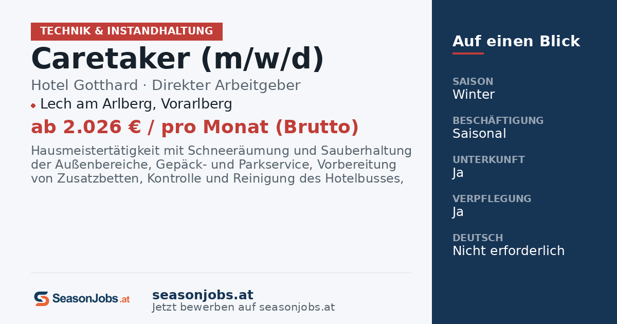 Caretaker (m/w/d) — Lech am Arlberg, Vorarlberg