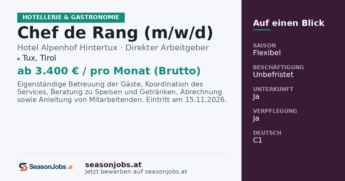 Chef de Rang (m/w/d) — Tux, Tirol