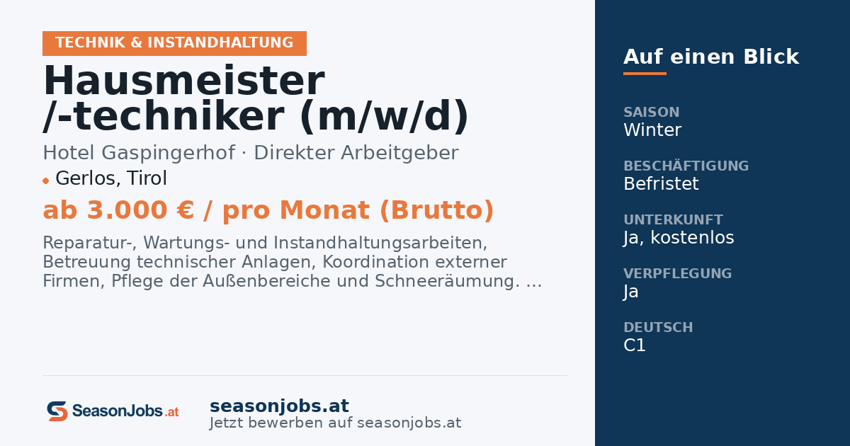 Hausmeister /-techniker (m/w/d) — Gerlos, Tirol