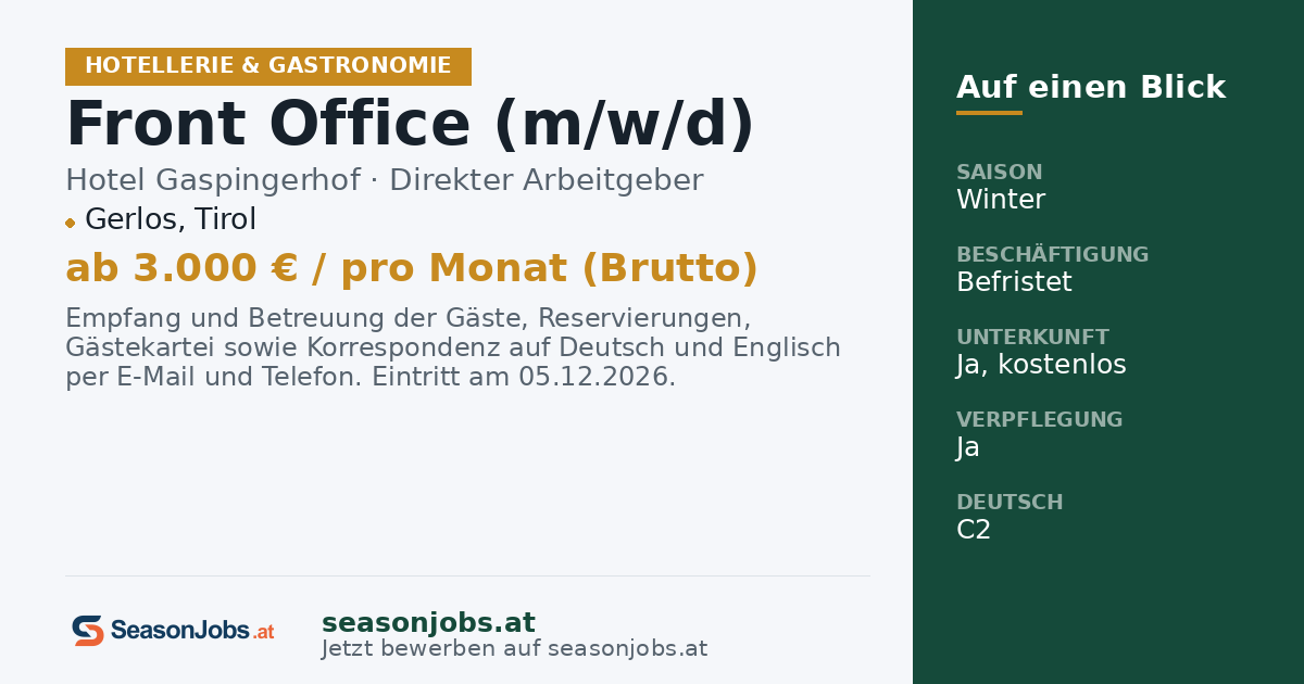 Front Office (m/w/d) — Gerlos, Tirol