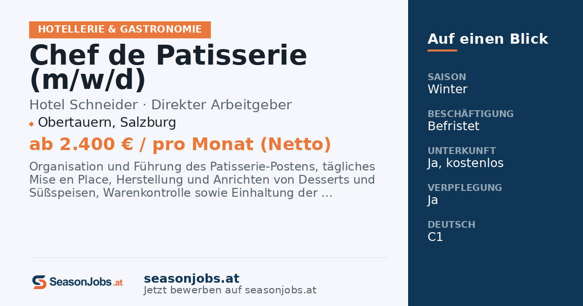 Chef de Patisserie (m/w/d) — Obertauern, Salzburg