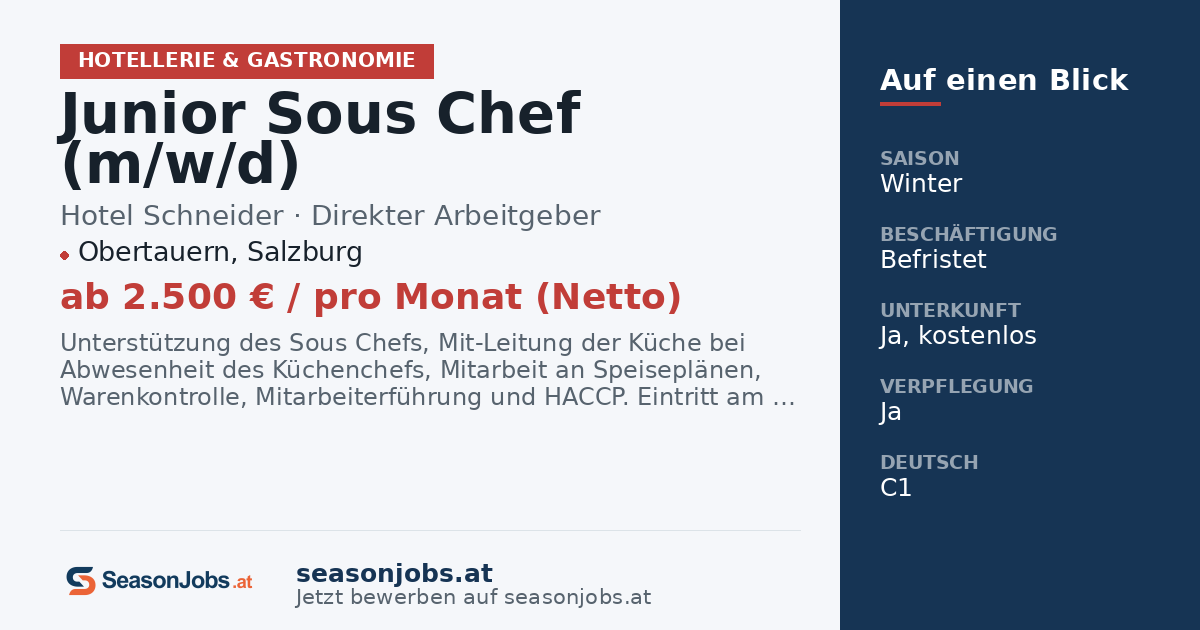 Junior Sous Chef (m/w/d) — Obertauern, Salzburg
