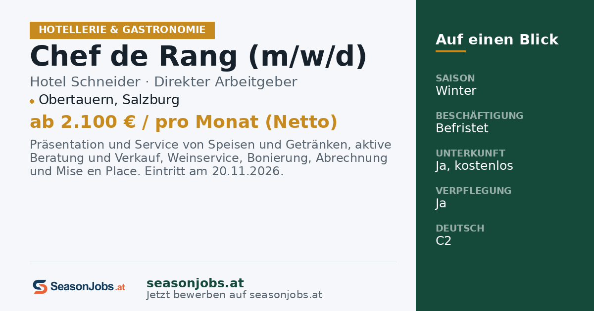 Chef de Rang (m/w/d) — Obertauern, Salzburg