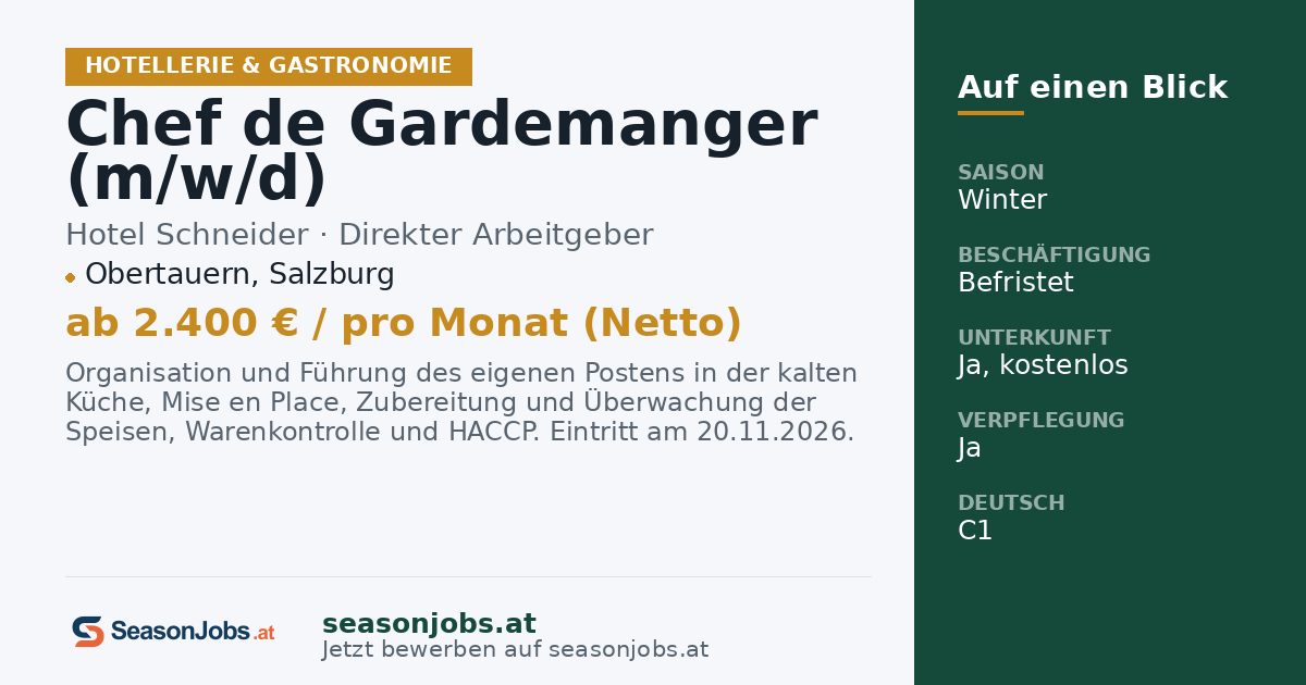 Chef de Gardemanger (m/w/d) — Obertauern, Salzburg