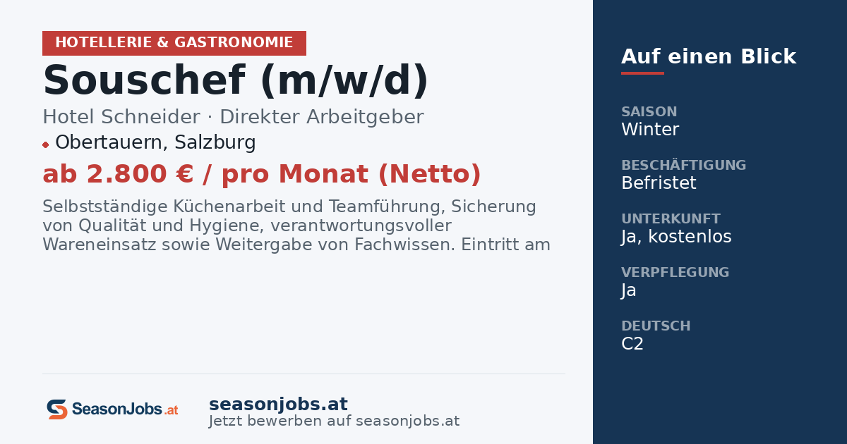 Souschef (m/w/d) — Obertauern, Salzburg