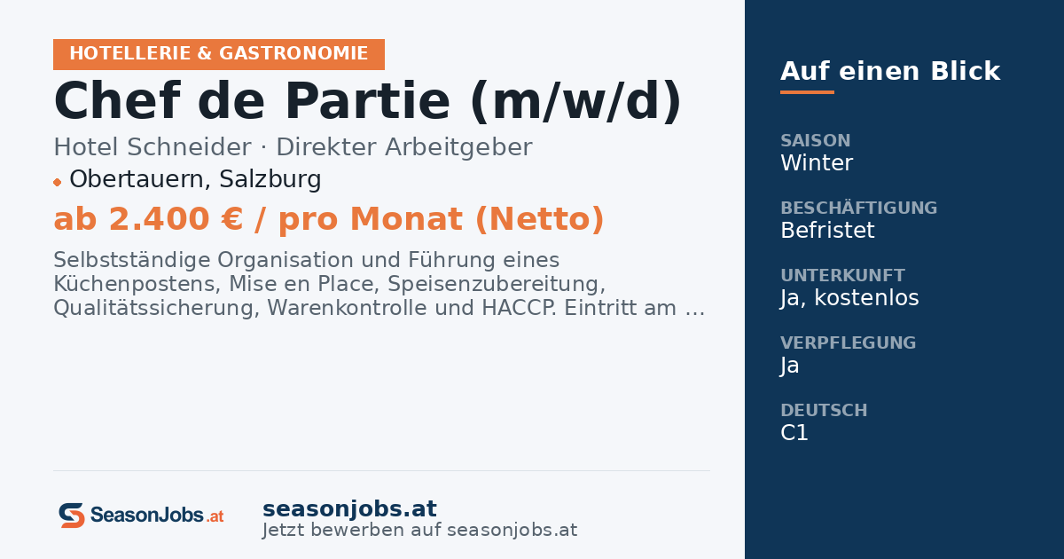 Chef de Partie (m/w/d) — Obertauern, Salzburg