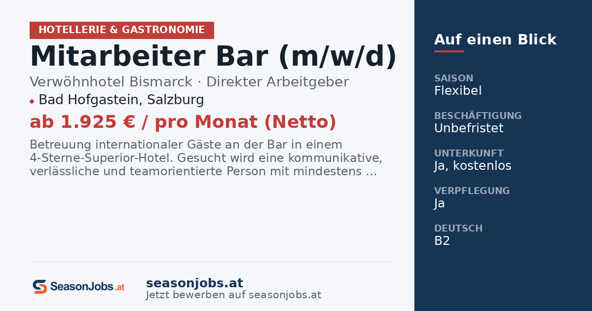 Mitarbeiter Bar (m/w/d) — Bad Hofgastein, Salzburg