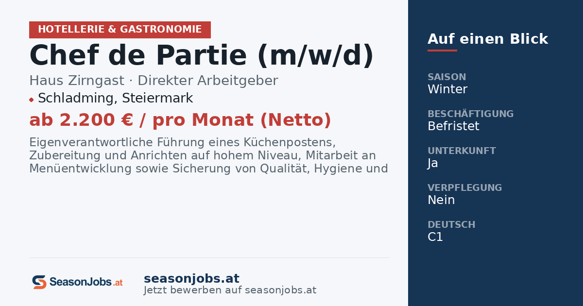 Chef de Partie (m/w/d) — Schladming, Steiermark