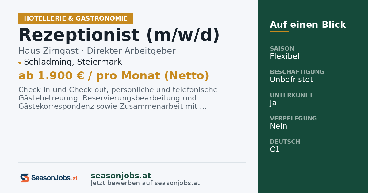 Rezeptionist (m/w/d) — Schladming, Steiermark