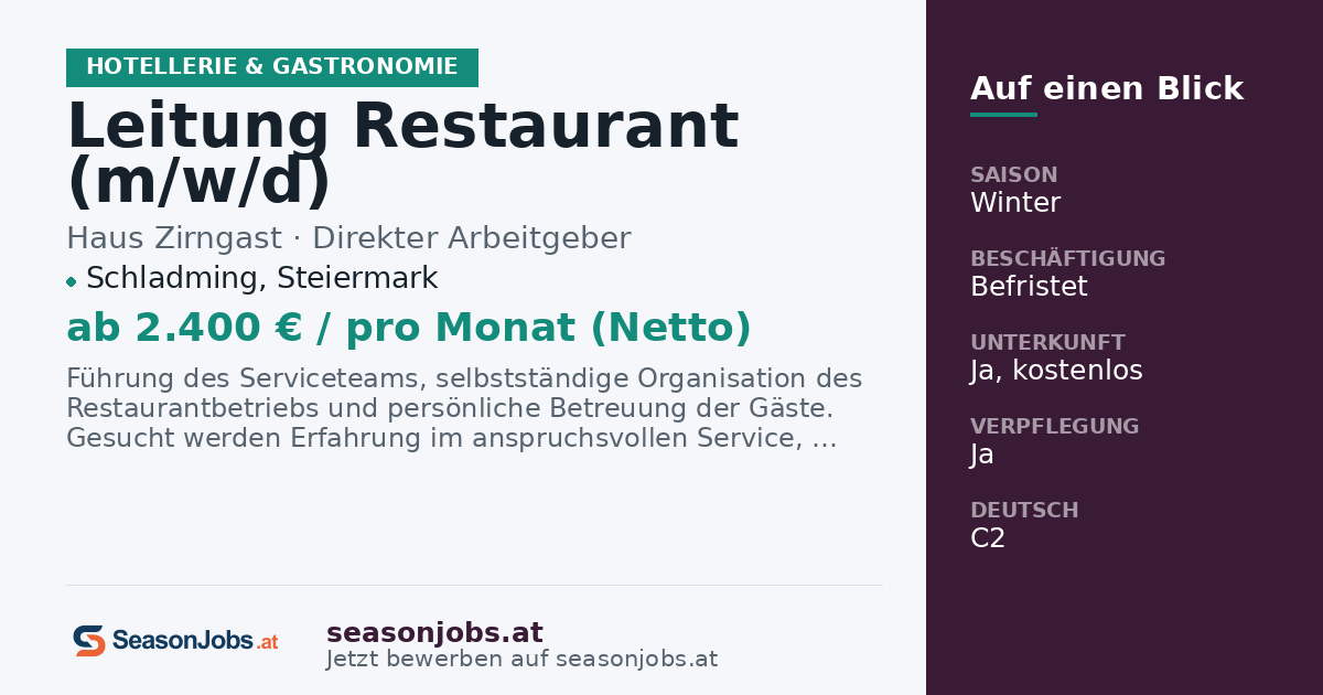 Leitung Restaurant (m/w/d) — Schladming, Steiermark