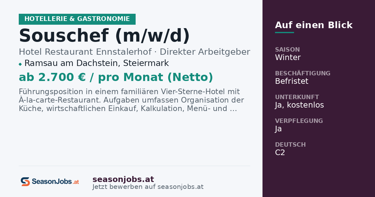 Souschef (m/w/d) — Ramsau am Dachstein, Steiermark