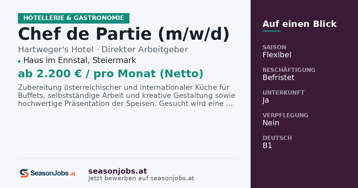 Chef de Partie (m/w/d) — Haus im Ennstal, Steiermark
