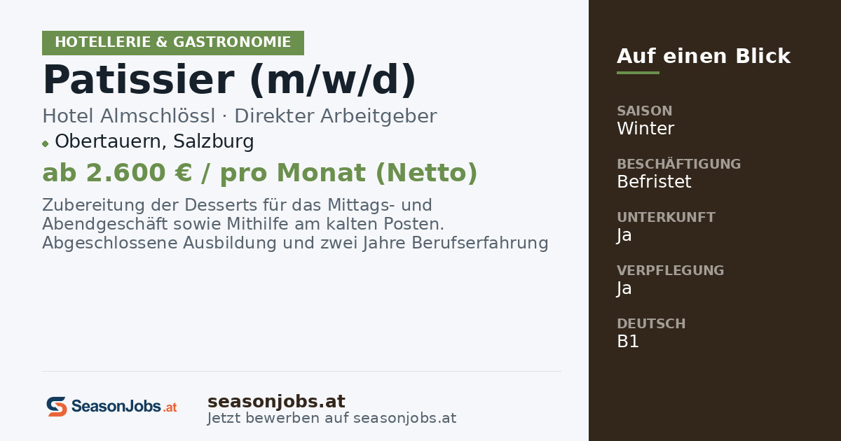 Patissier (m/w/d) — Obertauern, Salzburg