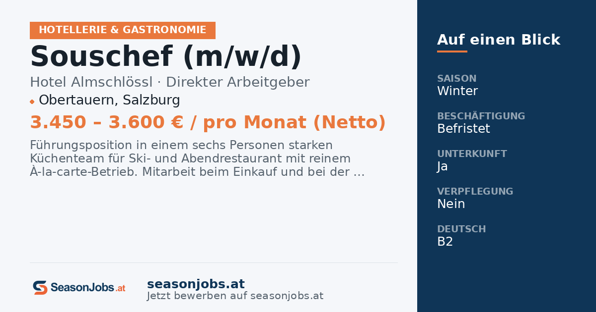 Souschef (m/w/d) — Obertauern, Salzburg