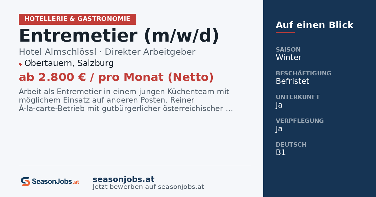 Entremetier (m/w/d) — Obertauern, Salzburg
