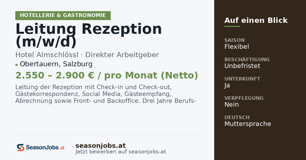 Leitung Rezeption (m/w/d) — Obertauern, Salzburg