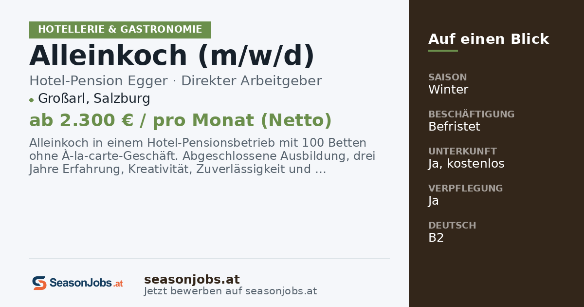 Alleinkoch (m/w/d) — Großarl, Salzburg
