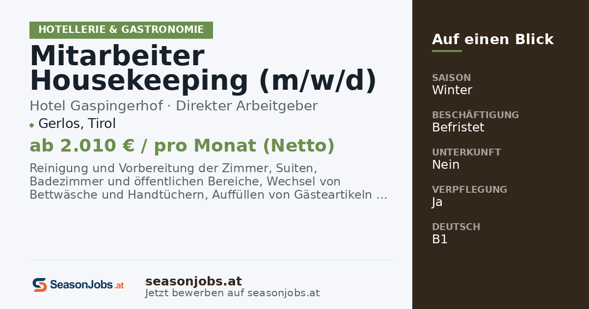 Mitarbeiter Housekeeping (m/w/d) — Gerlos, Tirol